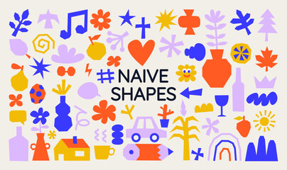 Obraz premium Vector collection of naive geometric shapes and playful decorative elements for branding, packaging, posters, children’s designs, social media graphics, flyers, covers, wrapping paper