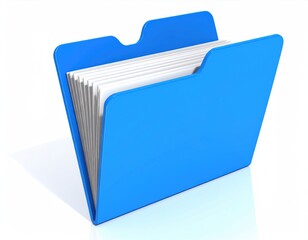 Open blue file folder, papers within, on white surface