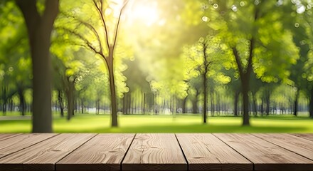 Wooden table with blurred green forest background and bright sunlight
