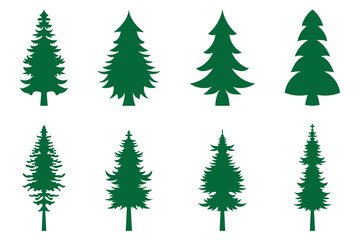 Christmas tree silhouette vector set, festive pine icons, holiday decoration collection, black and white seasonal illustrations, isolated graphic elements, minimalist design