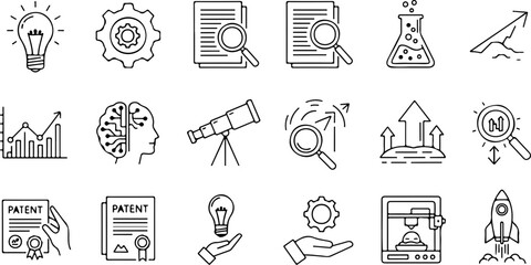 Innovate and grow your business with these conceptual icons showing research, patent, and artificial intelligence for future success, originally a vector graphic
