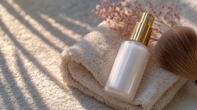 356Elegant beauty flatlay with spray bottle, towel, and subtle makeup brushes, soft-focus edges and natural sunlight emphasizing luxury lifestyle