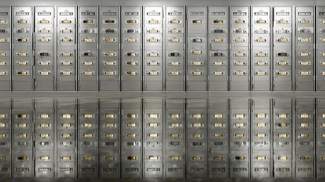 Secure Storage Solutions: Symmetrical Safe Deposit Box Vault Interior with Metallic Rows