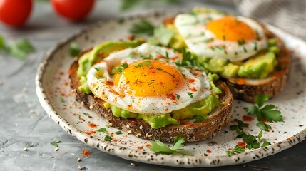 Avocado toast with fried eggs and fresh herbs on a rustic plate