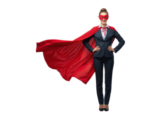 Confident Businesswoman in Superhero Costume with Red Cape and Mask Standing Proudly
