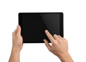 Close-Up View of Hands Using a Tablet Touchscreen Device Isolated on a White Background