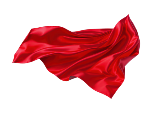 Elegant flowing red silk fabric draped in beautiful shape against transparent background