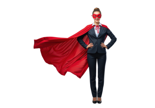 Confident Businesswoman in Superhero Costume with Red Cape and Mask Standing Proudly - Powered by Adobe
