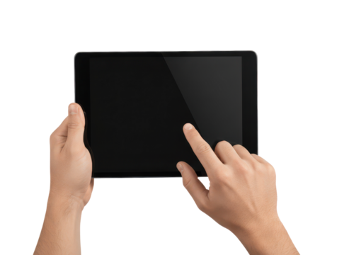 Close-Up View of Hands Using a Tablet Touchscreen Device Isolated on a White Background