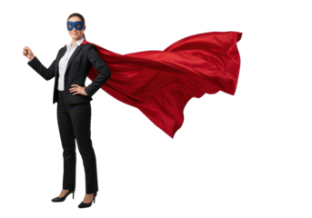 Confident Businesswoman in Suit with Red Cape and Mask Act of Empowerment and Strength
