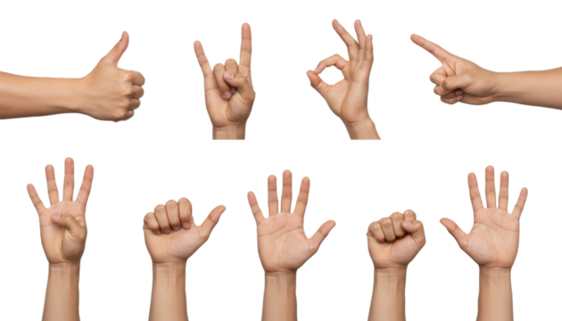 Various Hand Gestures Displaying Positive Signs and Emotions in Clear Context