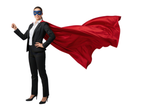 Confident Businesswoman in Suit with Red Cape and Mask Act of Empowerment and Strength