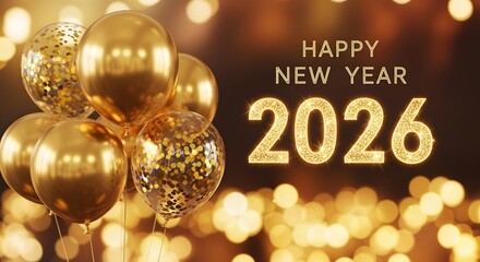 Happy new year 2026 with gold balloons and bokeh