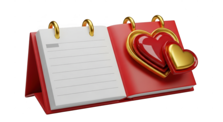 Red valentine s day calendar with hearts isolated on transparent background