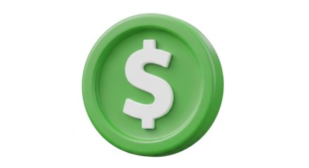 Green dollar coin isolated on transparent background