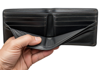 Empty black wallet held in hand showcasing interior card slots and compartments