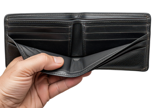 Empty black wallet held in hand showcasing interior card slots and compartments - Powered by Adobe