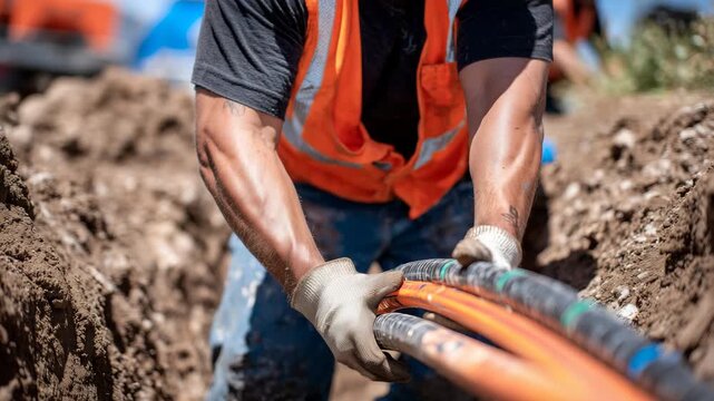 365Worker holding flexible pipe in trench, close-up showing hands, dirt, gravel, and orange pipe detail