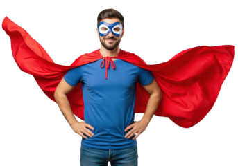 Happy man in superhero costume with red cape, blue shirt, and mask on isolated background