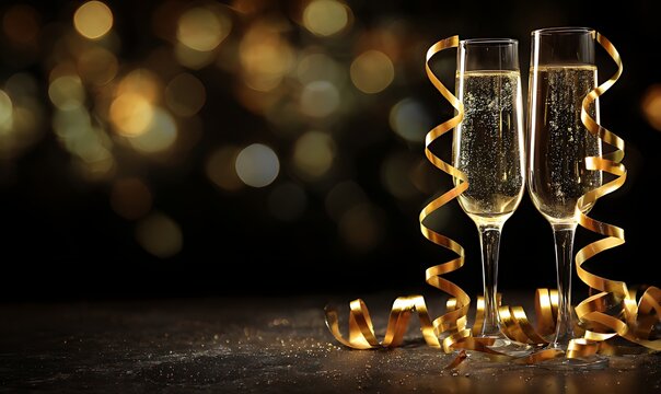 Celebrating with elegance two champagne flutes and golden ribbons sparkle brightly