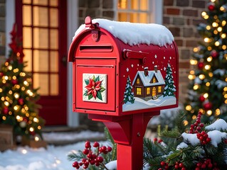 Red christmas mailbox decorated with snow and holiday scene