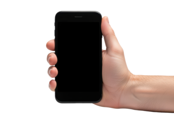 Hand Holding a Blank Smartphone with Black Screen Isolated on White Background