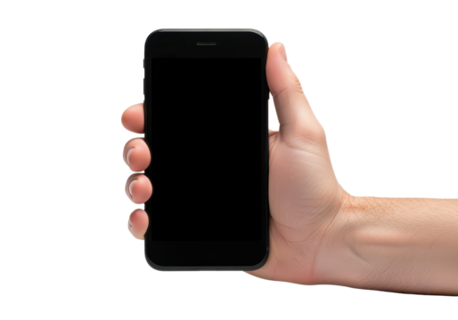 Hand Holding a Blank Smartphone with Black Screen Isolated on White Background