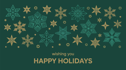 “Wishing You Happy Holidays” festive greeting card with gold snowflakes and stars on dark green background, seasonal illustration