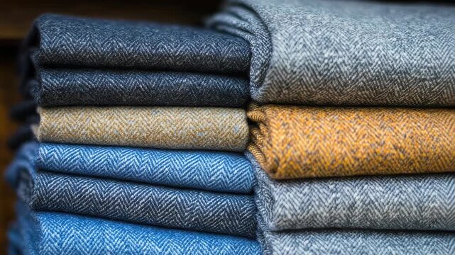 Video A stack of folded blue and yellow jeans on a flat surface