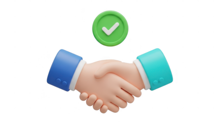 Business handshake with approval checkmark isolated on transparent background