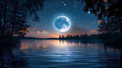 Naklejka premium Magical moonlit night over tranquil lake with starry sky