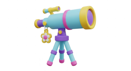 Colorful cartoon telescope on tripod isolated on transparent background