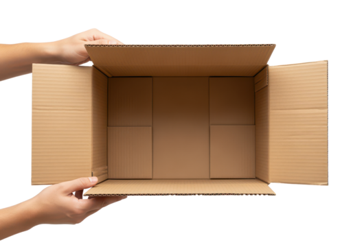 Open Cardboard Box with Hands Presenting Empty Interior for Packaging Concept