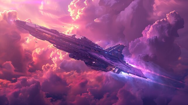 Massive spaceship glides through vibrant purple and pink nebulae clouds