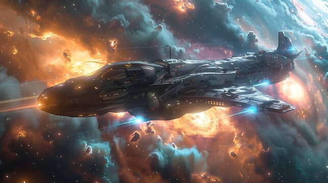 Massive spaceship navigates through a vibrant cosmic nebula