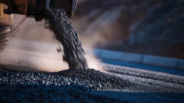 376Asphalt being poured in layers, close-up on hot material, granular textures emphasized, steam rising