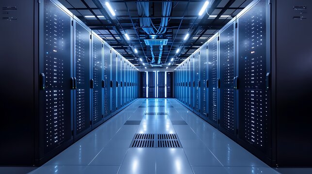 Illuminated server room aisle with blue lights and racks