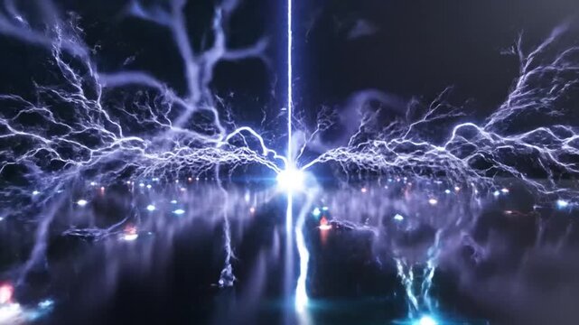Abstract energy network with glowing electric sparks and light trails, representing power and connection.
