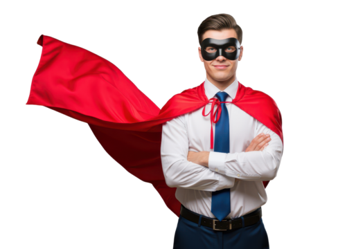 Confident Businessman in Superhero Costume with Red Cape and Mask against White Background