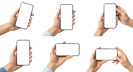 Multiple Hands Holding Mobile Phones with Blank Screens for Display or Mockup
