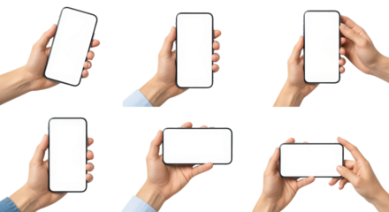 Multiple Hands Holding Mobile Phones with Blank Screens for Display or Mockup