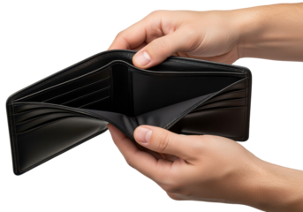Hands Holding an Empty Black Wallet Showing Inner Pockets and Lack of Cash