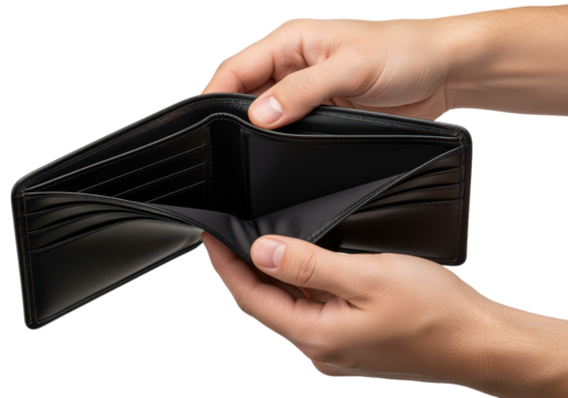 Hands Holding an Empty Black Wallet Showing Inner Pockets and Lack of Cash - Powered by Adobe