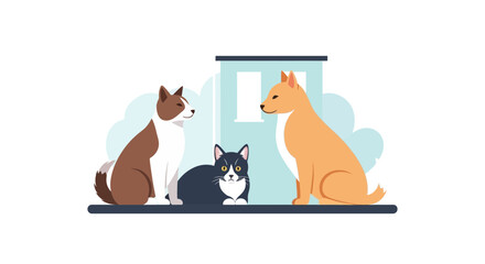 Charming scene of two friendly dogs and a sleek cat, perfect for pet lovers, vets, adoption campaigns, or heartwarming family moments. Originally a scalable graphic