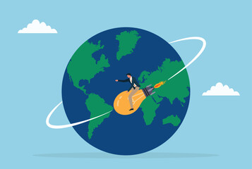 Vector illustration of a businessman riding a rocket powered light bulb around the world, symbolizing global innovation, ambitious ideas, creative growth, and worldwide business success
