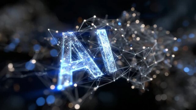 379AI text in 3D glass effect, neon light blue glow, floating molecular structures in silver, futuristic minimalistic digital background