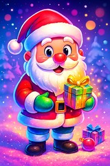 Cute cartoon santa claus holding a colorful gift box in a magical night