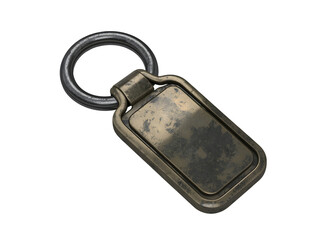 Antique brass rectangular keychain with metal ring, isolated on black background.