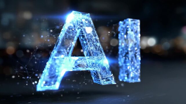 380AI text in 3D glass effect, neon light blue glow, floating molecular structures in silver, futuristic minimalistic digital background