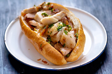 rustic vietnamese roast pork bahn mi sandwich